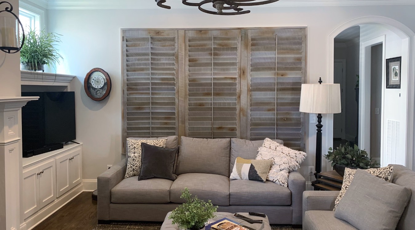 Reclaimed wood shutters in a living room