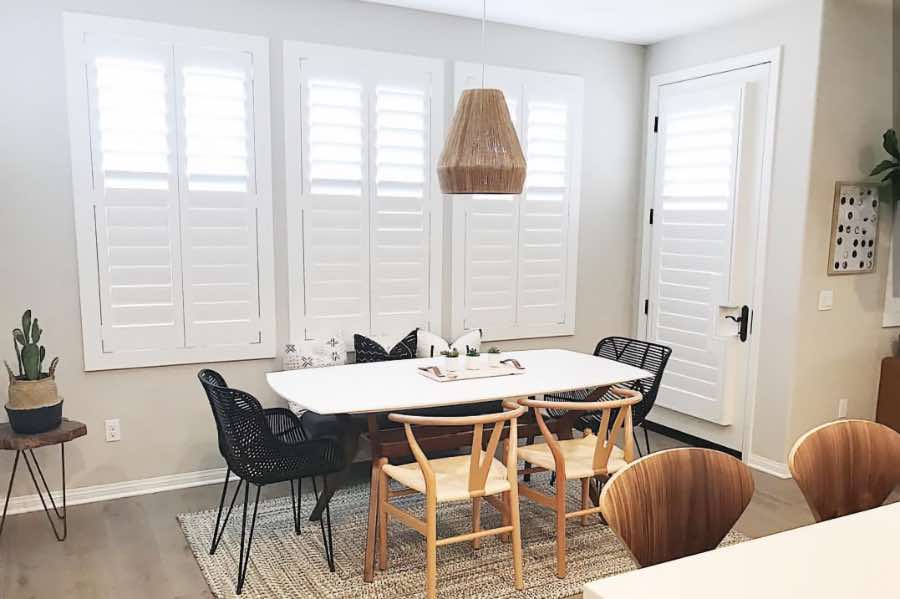 Use Polywood shutters to control natural light levels in your Jacksonville dining room. Polywood shutters with top louvers tilted open in a dining room