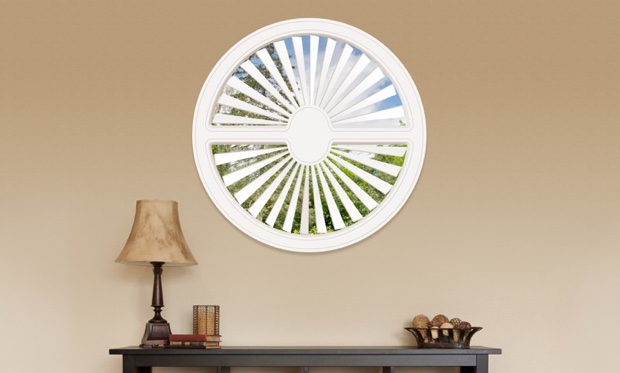 You can cover specialty shaped windows with our Polywood shutters. Circle shaped window in Jacksonville